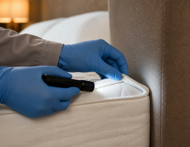 Technician discreetly inspecting a hotel mattress seam for bed bugs