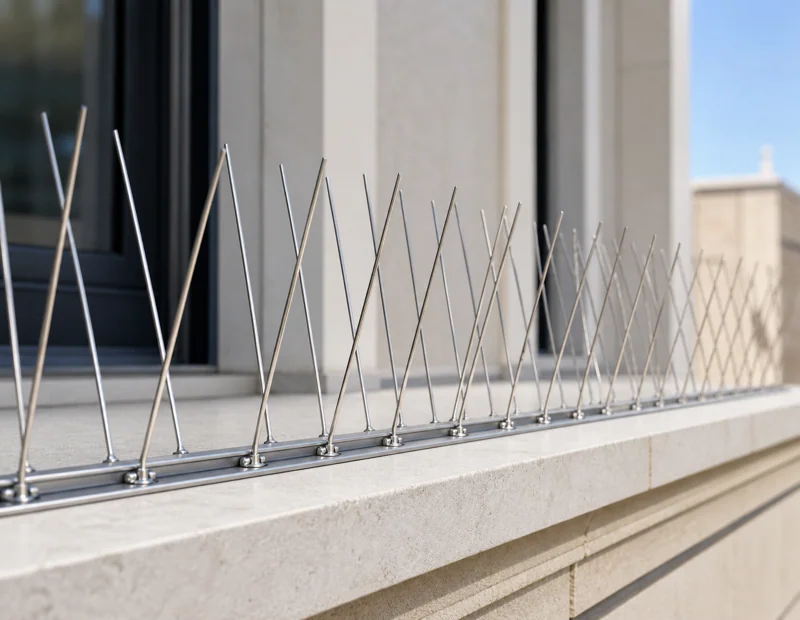Humane bird deterrent spikes installed on a commercial building ledge