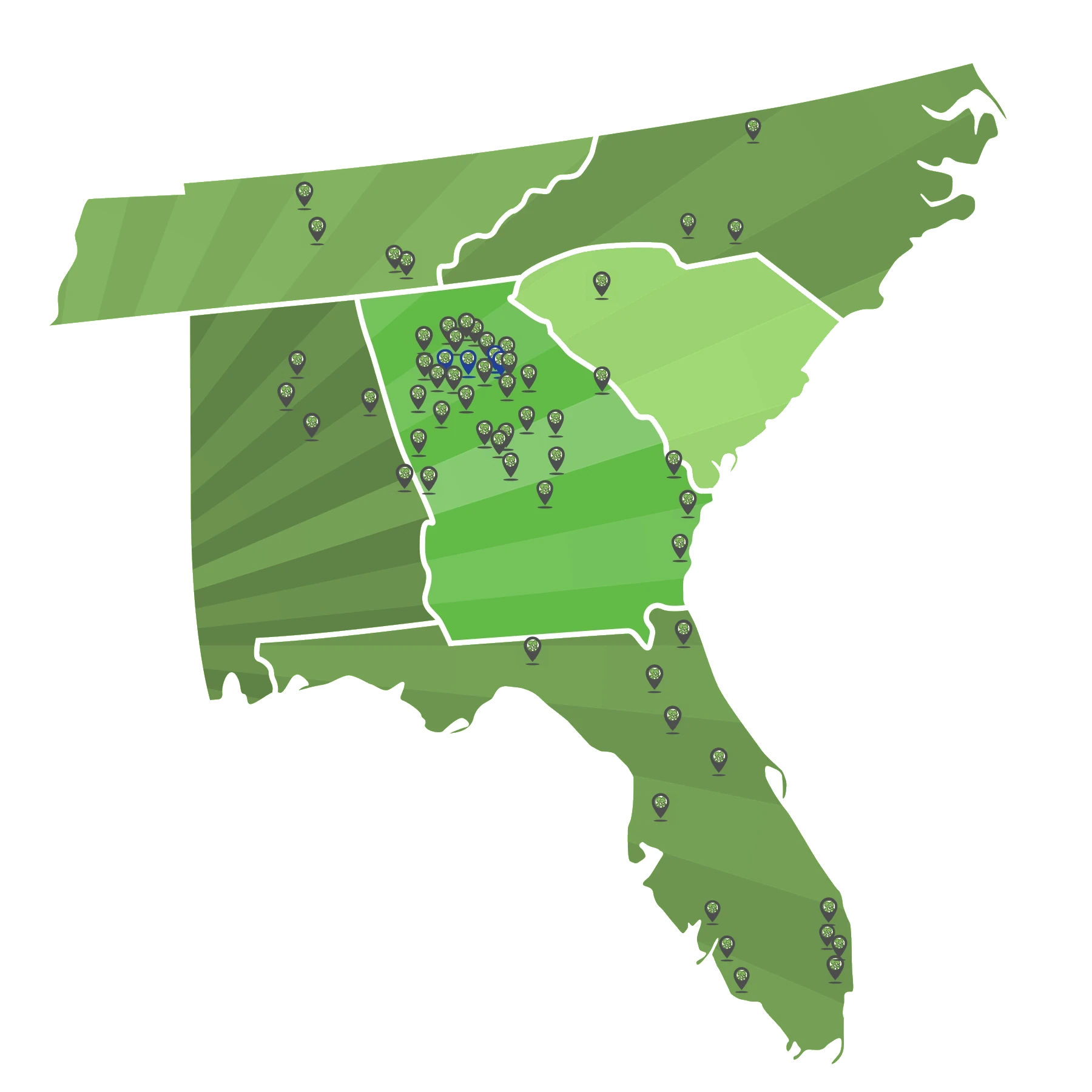 Map of Northwest Exterminating service centers across Georgia, Alabama, Florida, Tennessee, North Carolina and South Carolina.