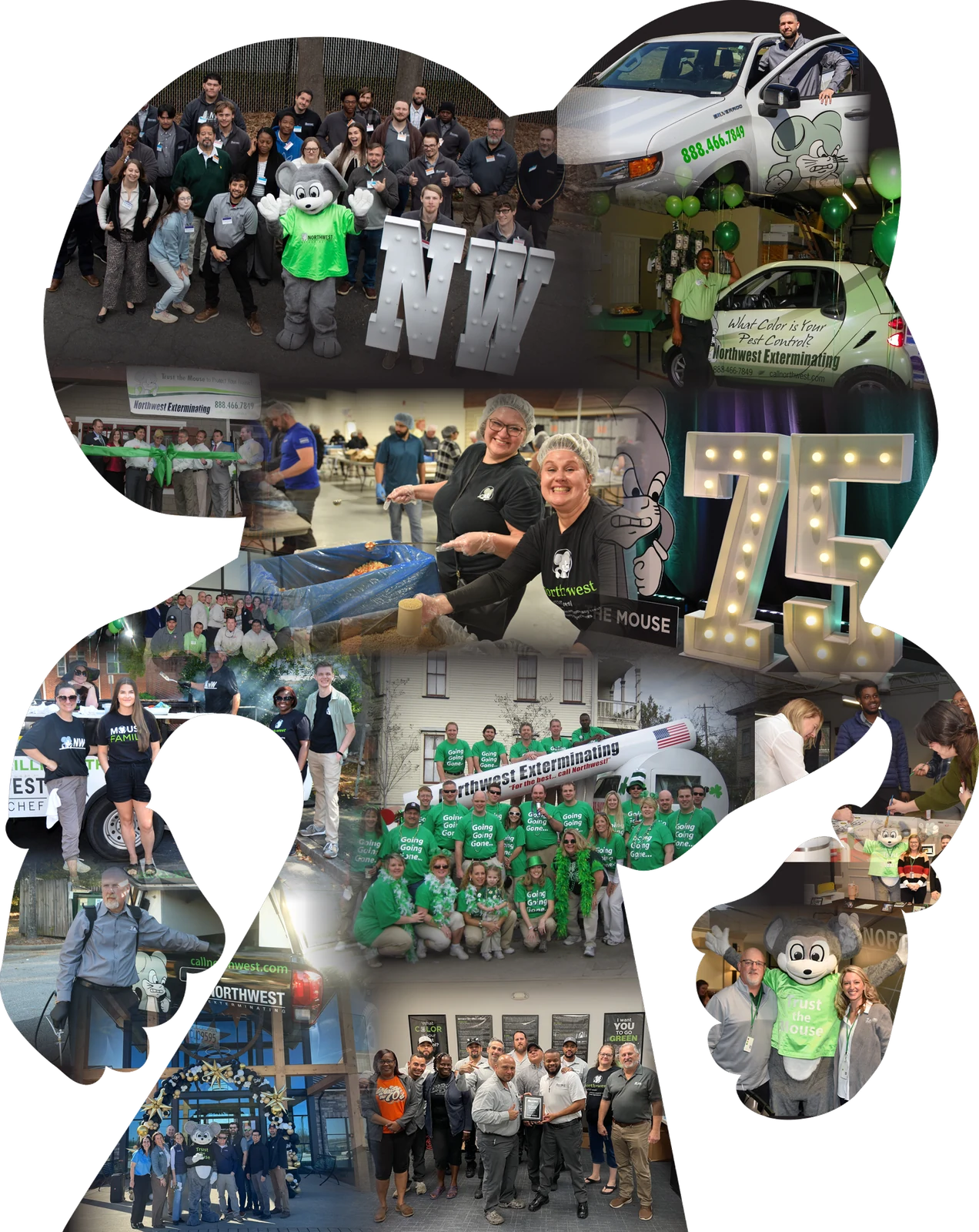 Photo collage in the shape of the Northwest mouse, made up of team photos, service vehicles, community events and 75th anniversary celebrations.