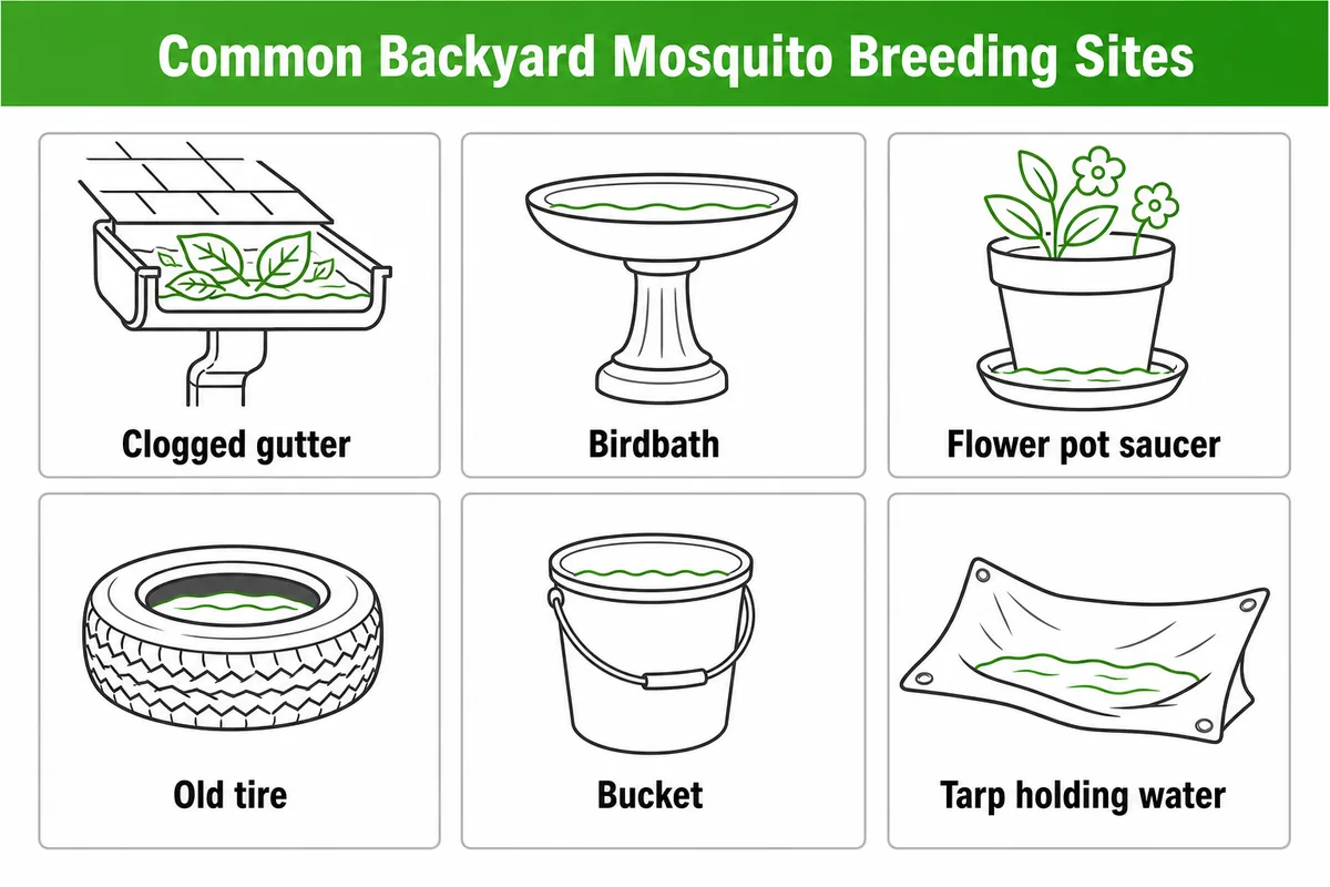 Infographic of common backyard mosquito breeding sites including clogged gutters, birdbaths, and containers, in Northwest brand colors.