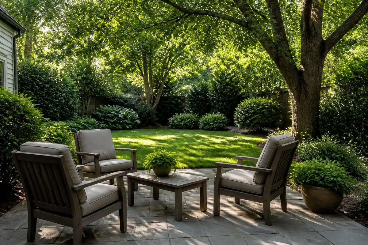 A shaded Southeast backyard patio surrounded by trees and dense shrubs, the kind of setting where mosquitoes thrive.