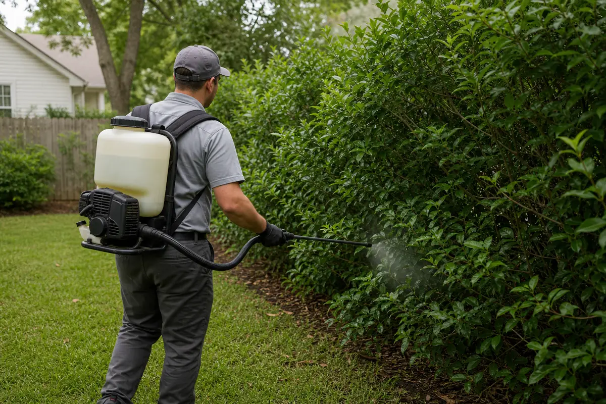 A pest control technician applying a barrier mosquito treatment to dense shrubs along the edge of a Southeast backyard.