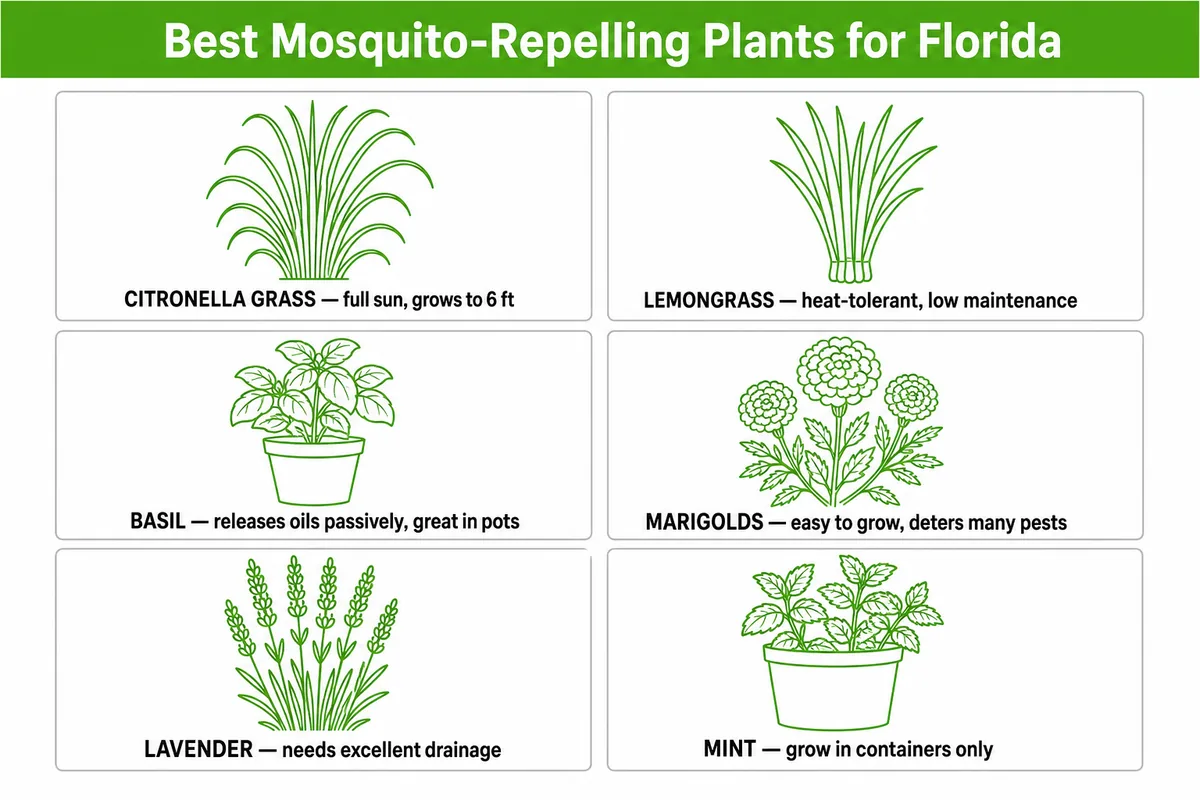 Infographic grid of the best mosquito-repelling plants for Florida yards, including citronella grass, lemongrass, basil, and marigolds, in Northwest brand colors.