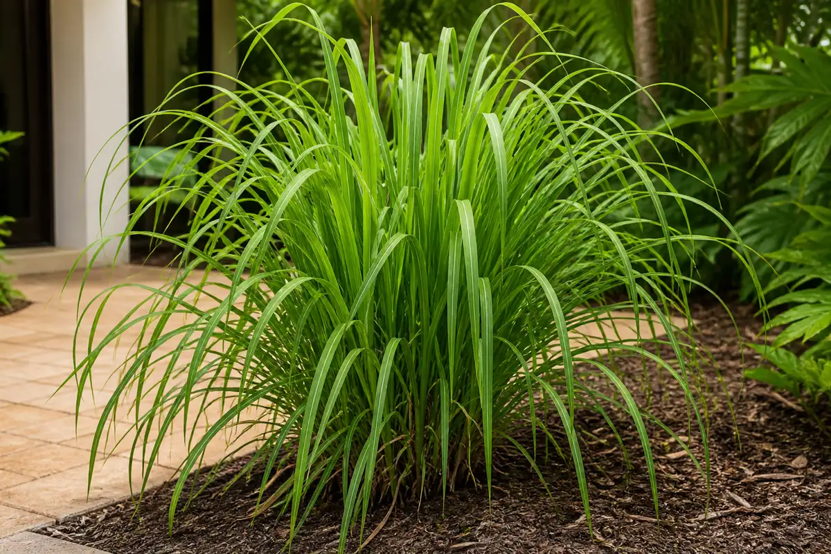 A clump of tall citronella grass growing beside a South Florida patio, one of the most reliable mosquito-repelling plants for the region.