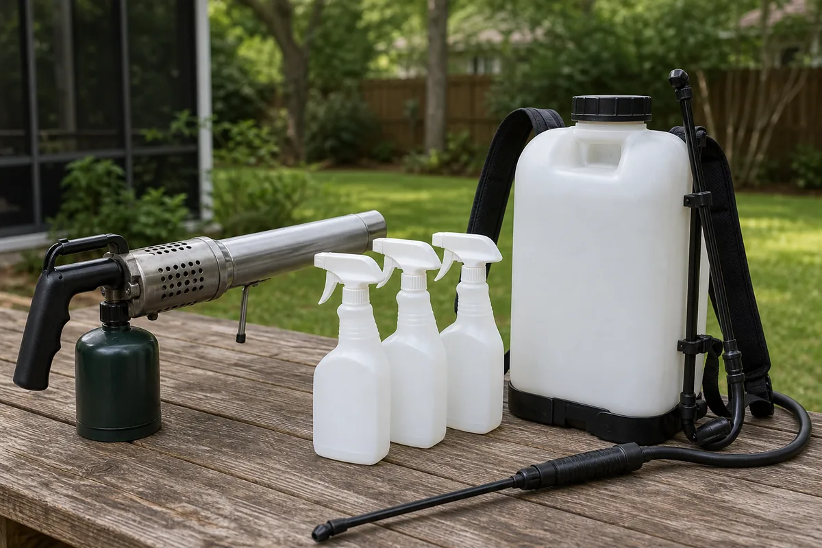 Consumer-grade DIY mosquito control products on a patio table, the equipment homeowners buy before comparing professional service cost.