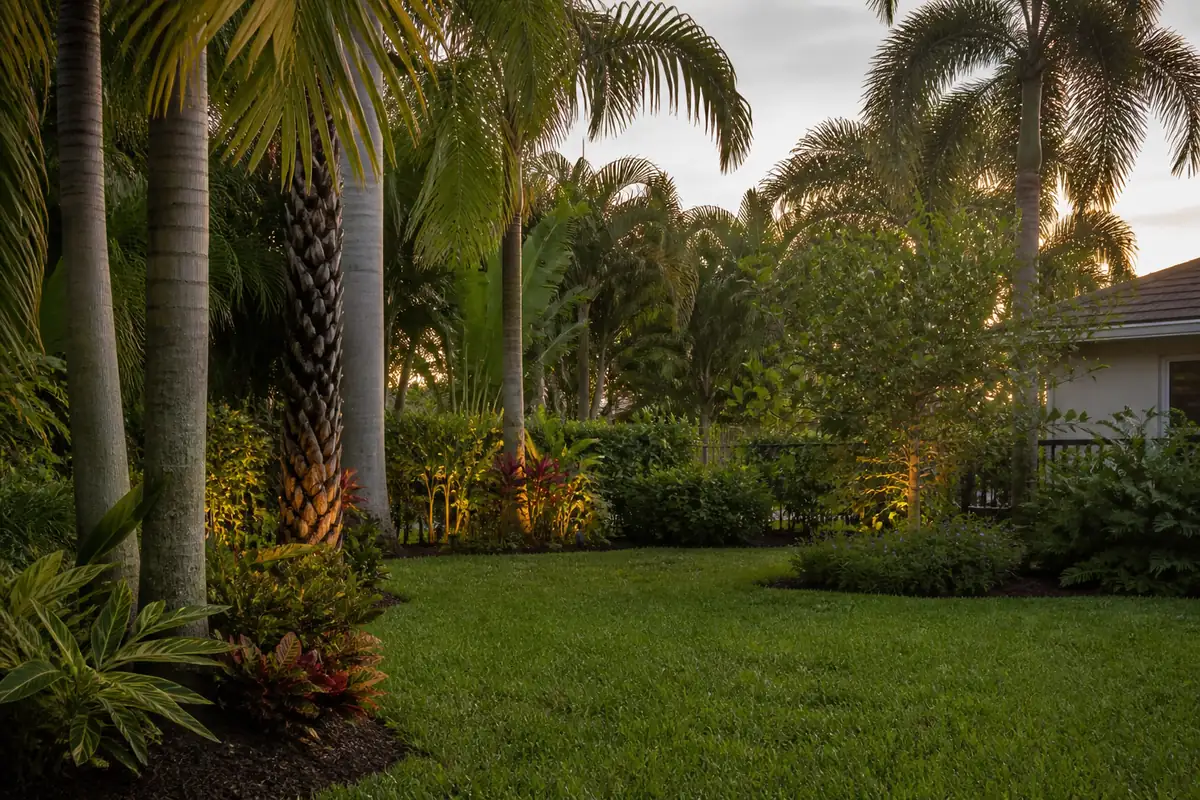 A lush South Florida backyard at dusk during peak mosquito season, the warm year-round climate that keeps Florida mosquitoes active.