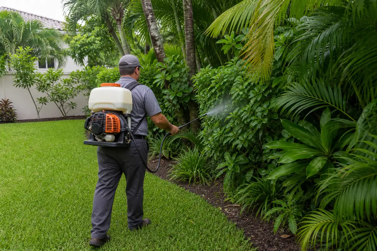 A pest control technician applying a barrier mosquito treatment along the edge of a South Florida backyard.