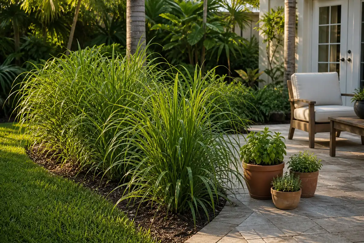 A South Florida patio bordered with lemongrass and citronella grass, showing how repellent plants layer into an outdoor living space.