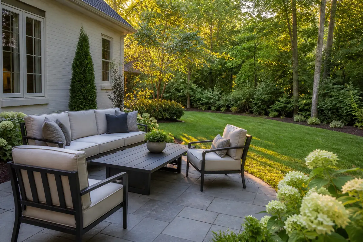 A comfortable Southeast backyard patio at dusk, the kind of outdoor space seasonal mosquito control is meant to protect.