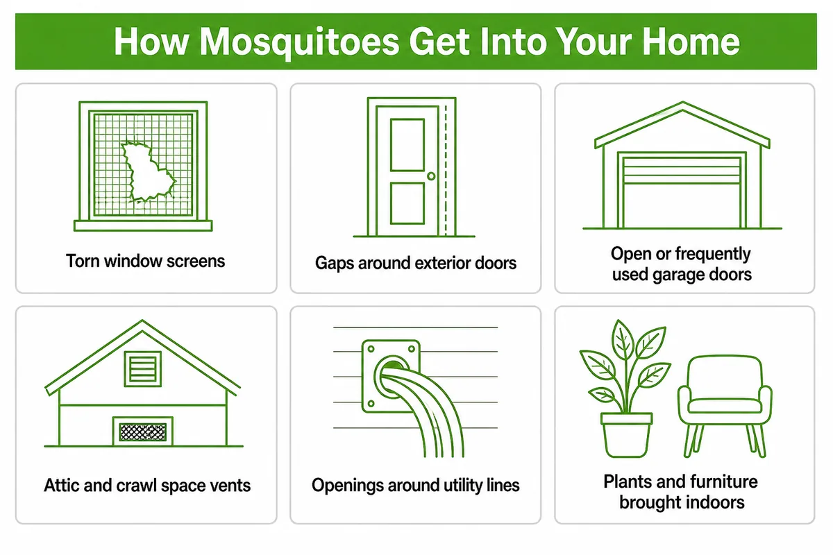 Infographic of common ways mosquitoes get into a house, including torn screens, door gaps, open garages, and vents, in Northwest brand colors.