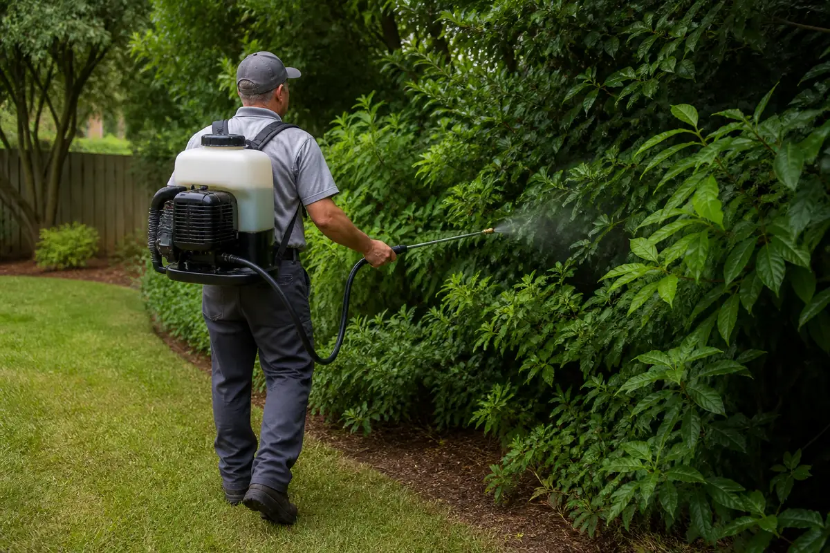 A pest control technician applying a barrier mosquito treatment to dense shrubs along the edge of a Southeast backyard.
