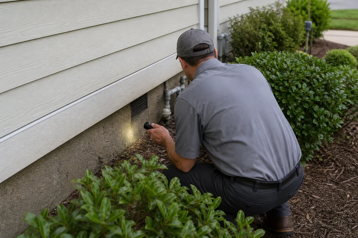 A pest control technician inspecting the exterior foundation and shrubs of a Southeast home for mosquito breeding sites and entry points.