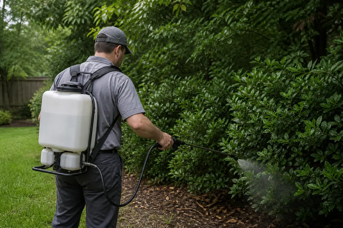 A pest control technician applying a barrier mosquito treatment to dense shrubs along the edge of a Southeast backyard.