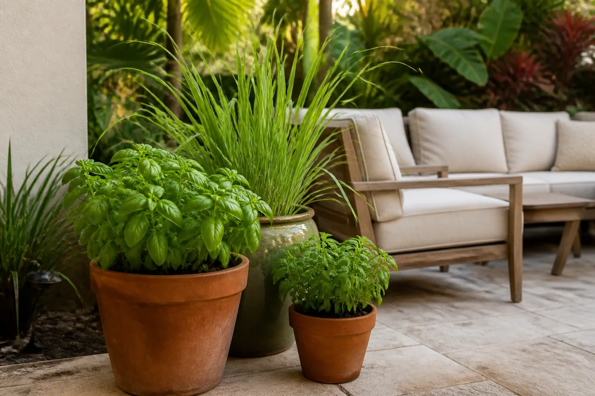 Potted basil and lemongrass arranged near an outdoor seating area on a South Florida patio, positioned where the scent reaches people.