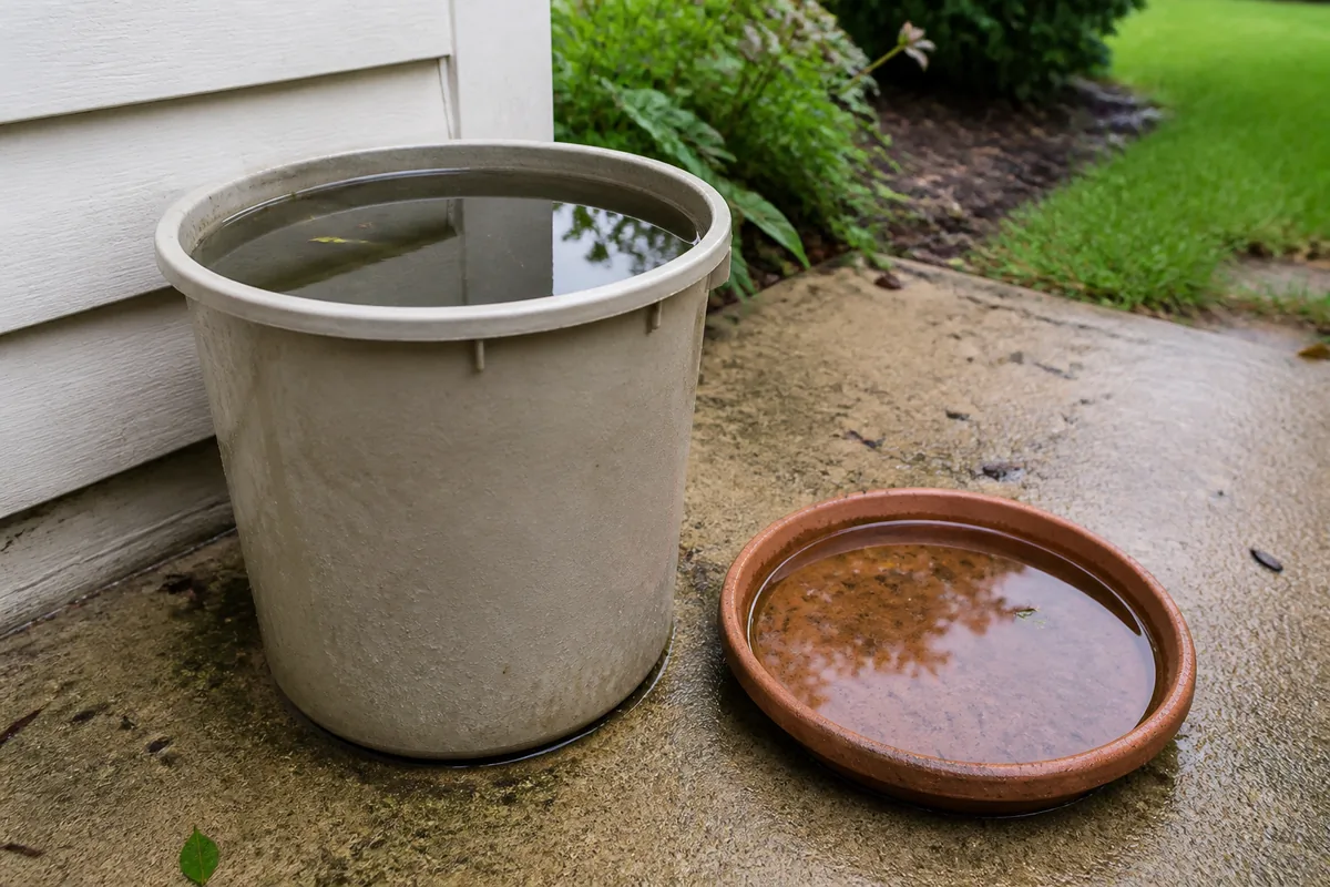 Rainwater pooled in a plastic bucket and plant saucer beside a Southeast home, a common outdoor mosquito breeding source.