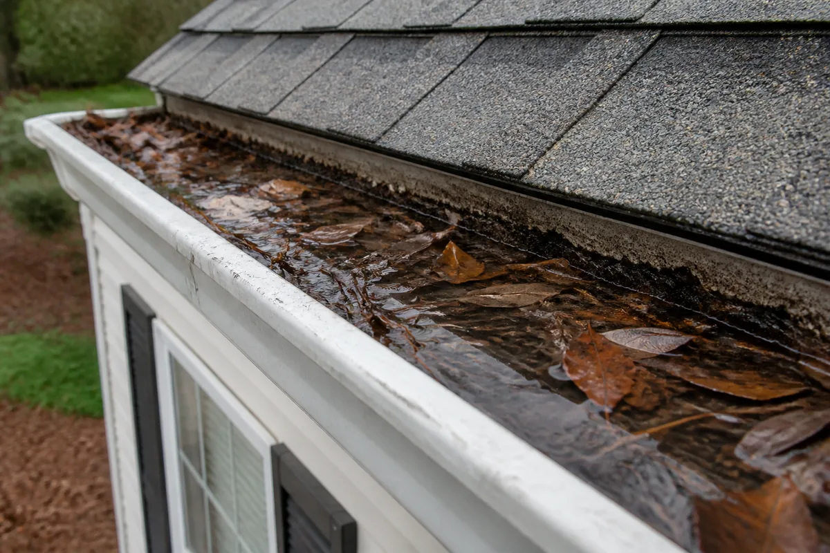 Rainwater pooled in a clogged gutter beside a Southeast home, a common mosquito breeding site homeowners overlook.