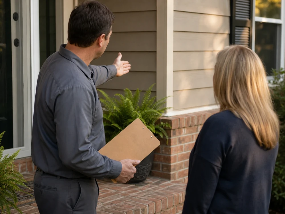 A Northwest Exterminating technician talking with a homeowner on her front porch and pointing toward the corner of the house.