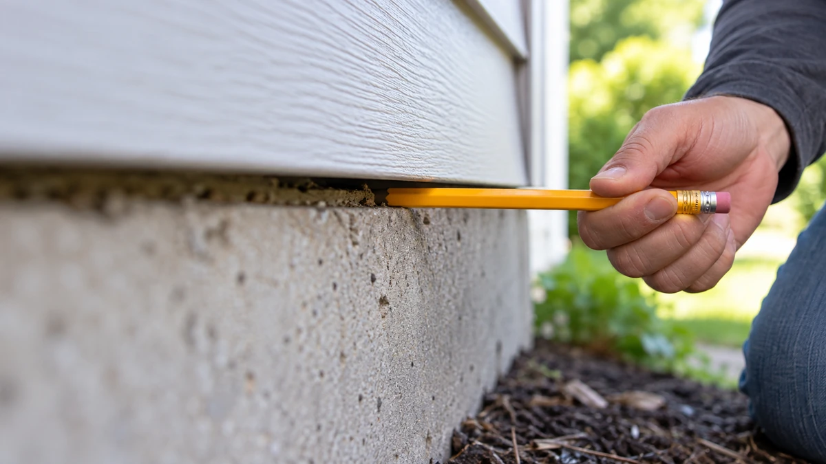 A pencil held against a quarter-inch gap in home siding to show how small an opening mice need
