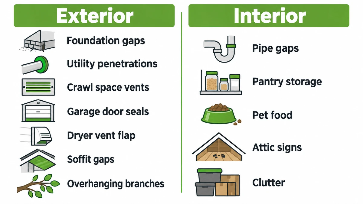 Fall rodent-proofing checklist covering exterior and interior inspection points