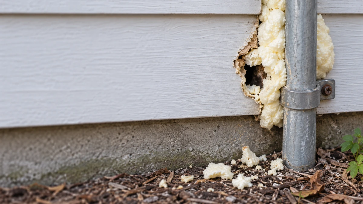 Expanding foam chewed through by rodents, showing why it fails as an exclusion material