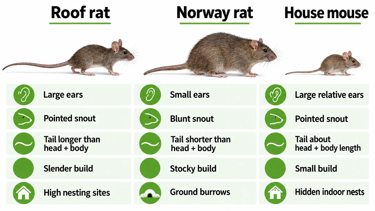 Comparison chart showing how to tell a roof rat from a Norway rat and a house mouse