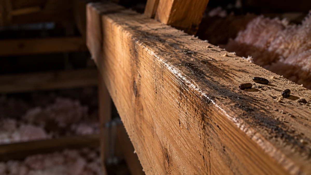 Grease marks and droppings along an attic joist left by roof rats traveling the same route