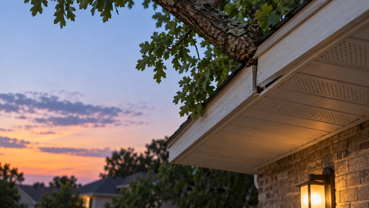Tree limb touching a roofline beside a soffit gap, the most common roof rat entry route