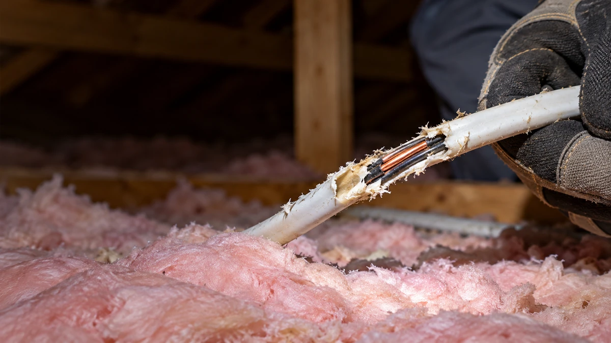Electrical wiring chewed through by roof rats in an attic, a fire risk