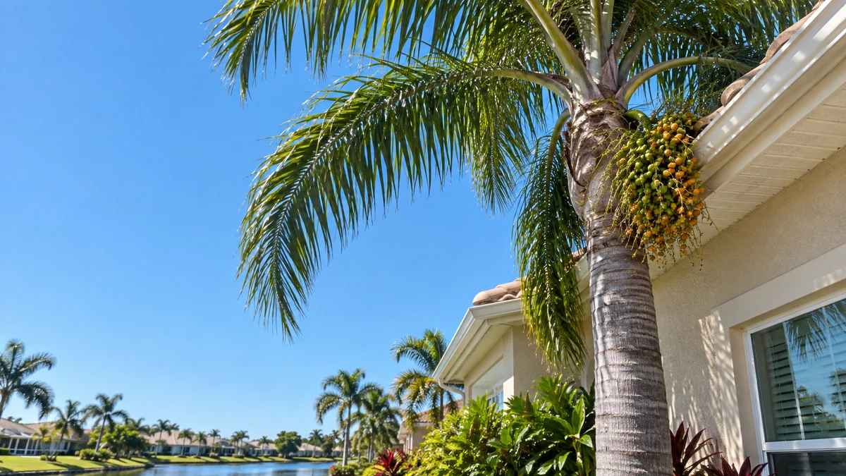 Palm fronds touching the eave of a South Florida home, a roof rat highway