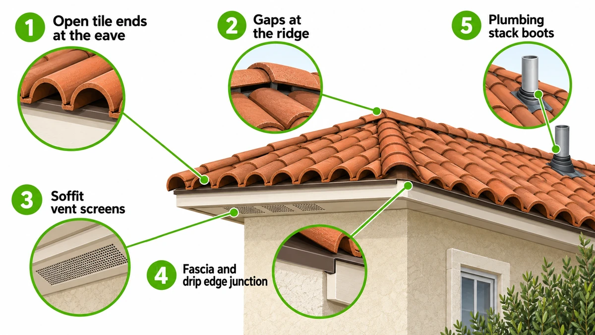 Diagram of five roof rat entry points on a South Florida barrel tile roof