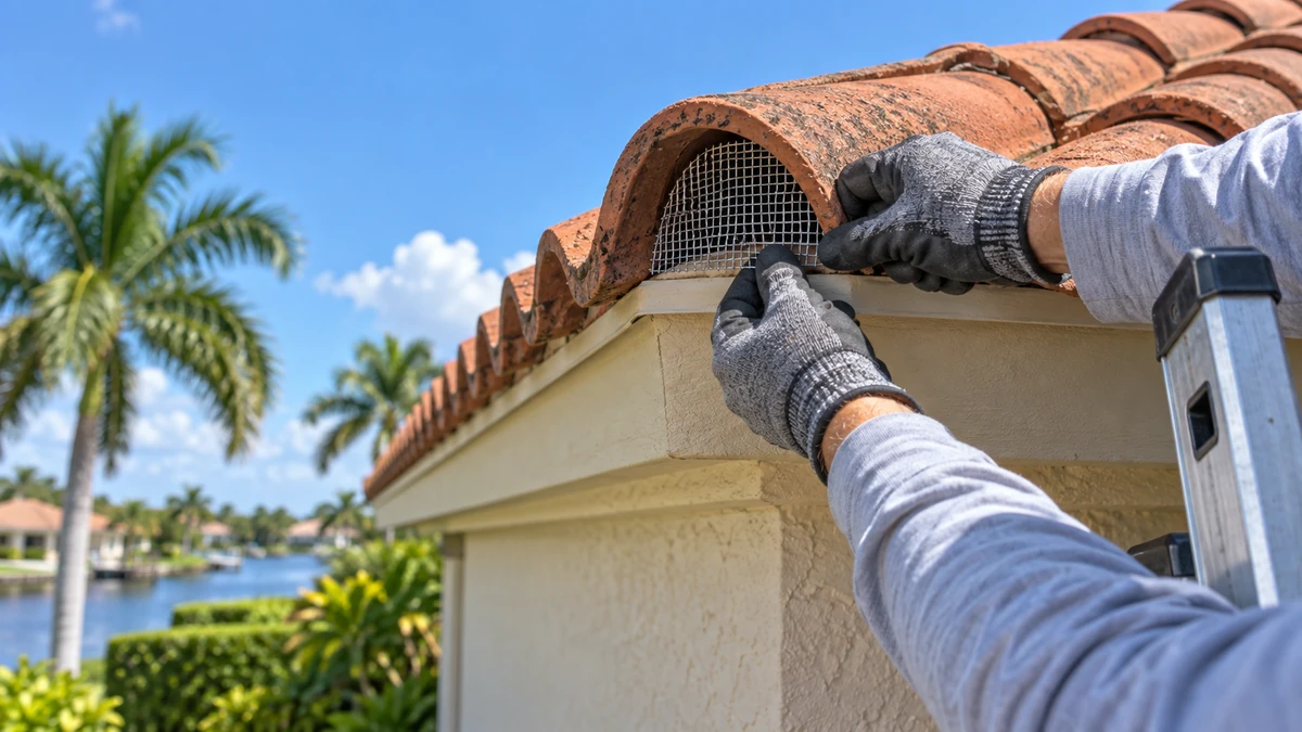 Technician sealing open barrel tile ends with metal mesh to block roof rats