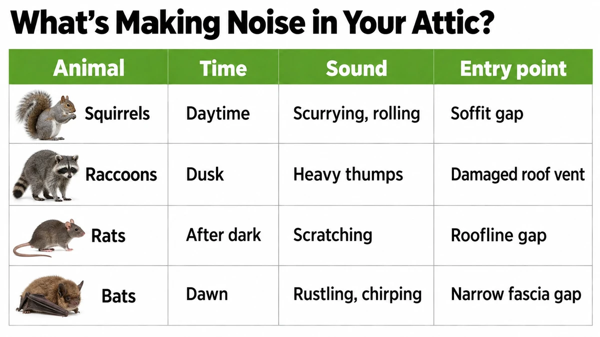Chart matching attic noises to squirrels, raccoons, rats or bats by time of day and sound