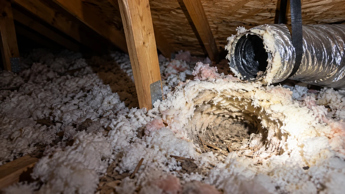 Torn attic insulation and damaged ductwork left by wildlife nesting