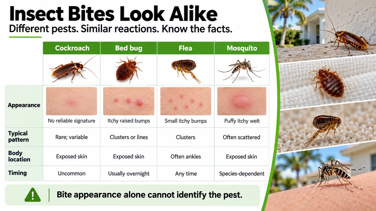 Comparison chart showing how cockroach bites differ from bed bug, flea and mosquito bites