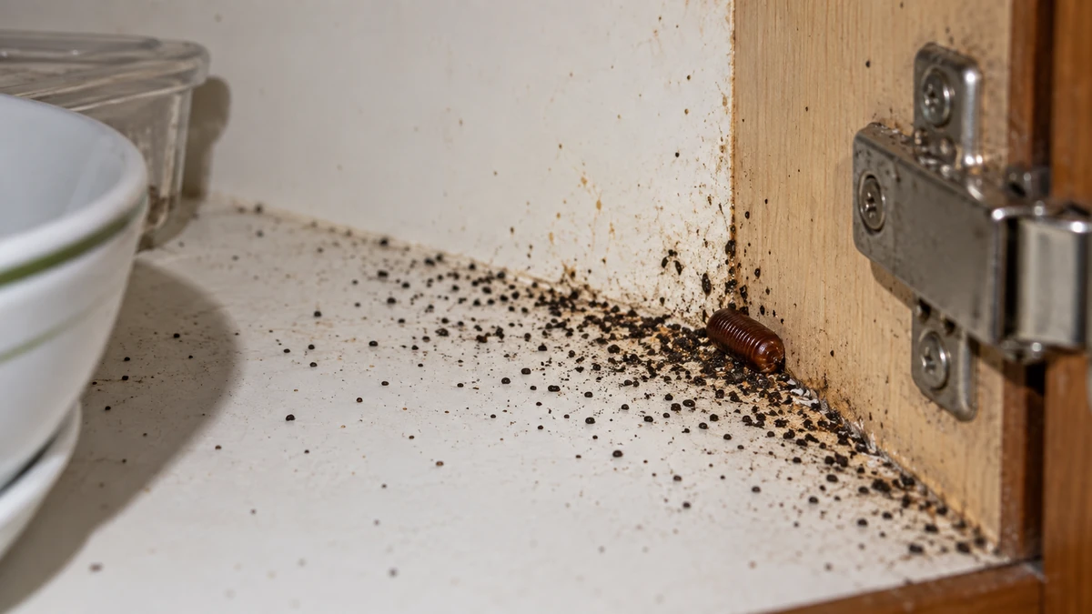 Cockroach droppings and an egg case inside a kitchen cabinet, signs of an established infestation