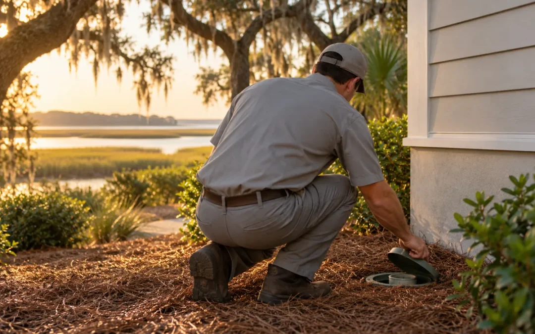 Pest technician in a gray uniform kneeling to check a termite monitoring station beside a home near a Lowcountry marsh