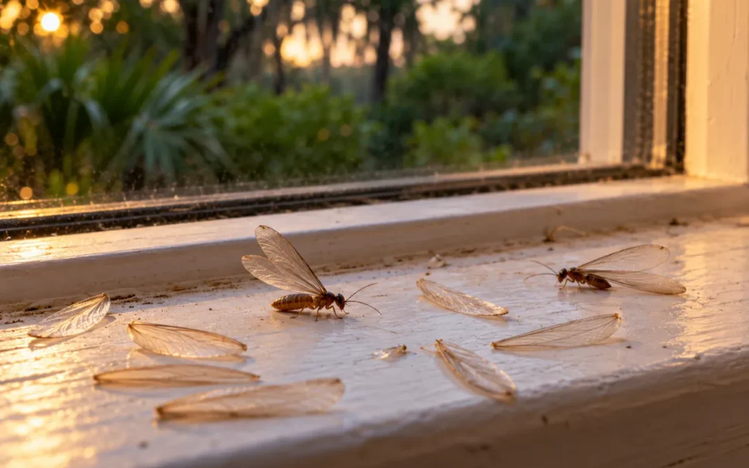 Winged termite swarmers and shed wings on a sunlit windowsill