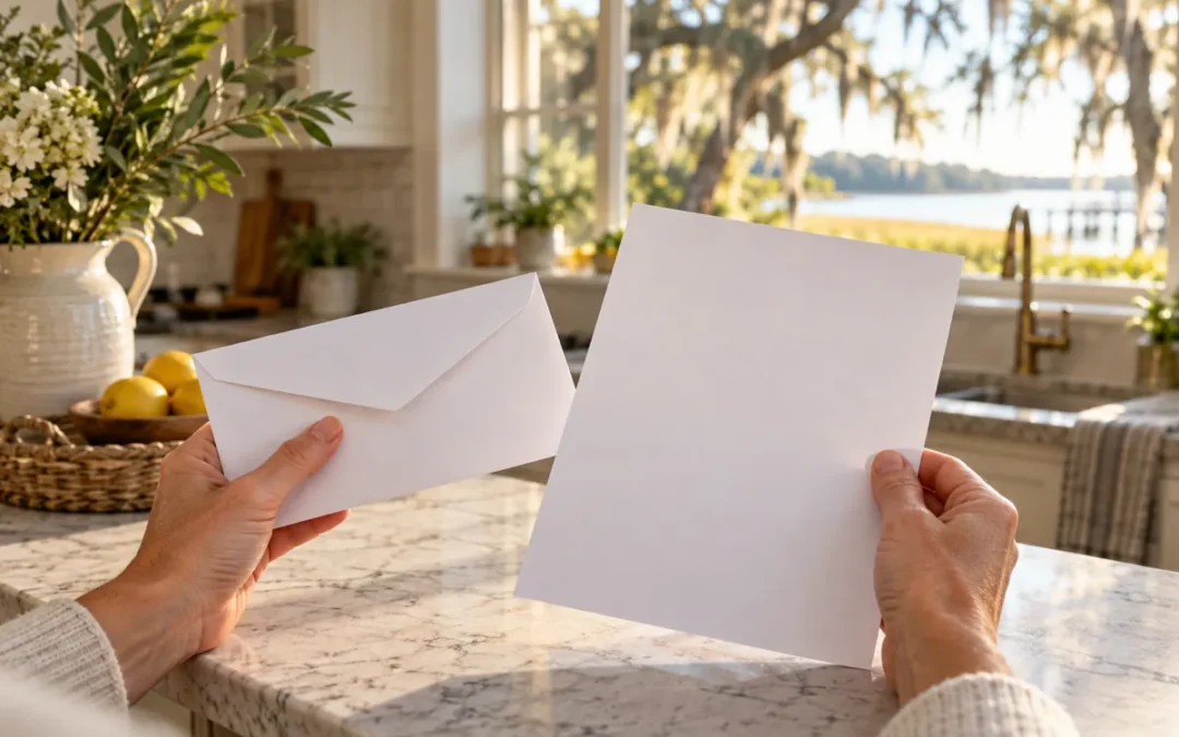 Homeowner holding an envelope and a letter, like a termite bond cancellation notice, in a Lowcountry kitchen with marsh views