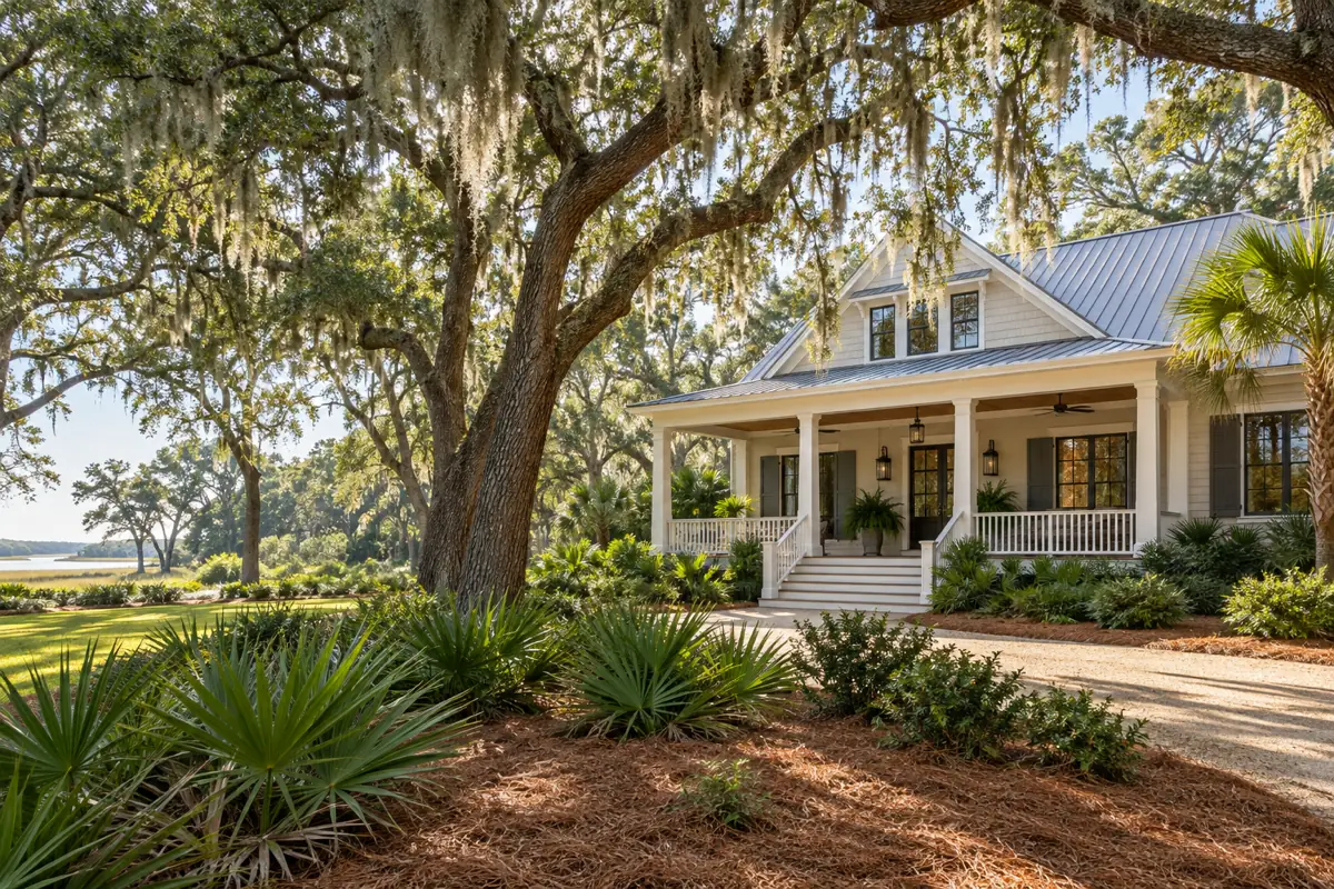 Coastal Lowcountry home with a covered porch beneath live oaks draped in Spanish moss