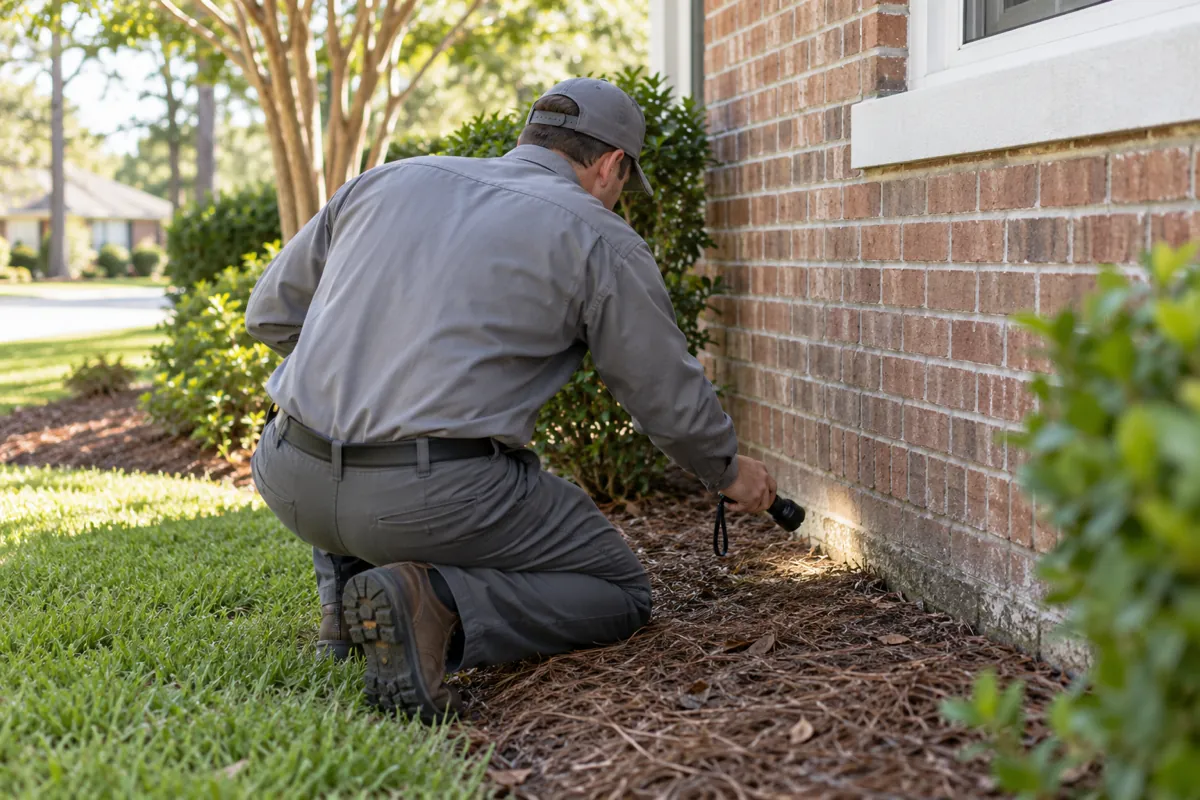Pest technician in a gray uniform kneeling to inspect the foundation of a brick home with a flashlight