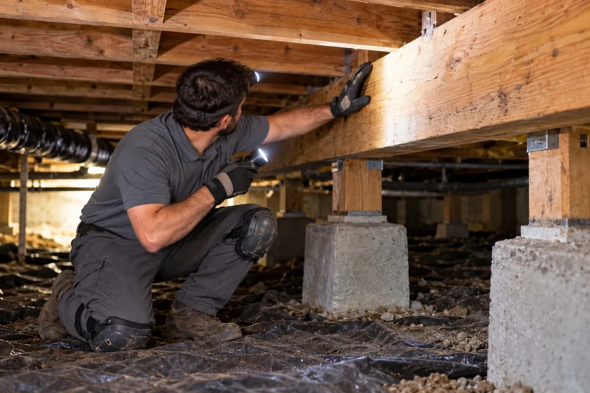 Northwest technician inspecting a crawl space with a flashlight