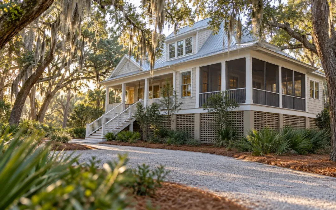 Raised coastal home with a screened porch and lattice foundation under live oaks, a typical vacation rental or second home in Hilton Head