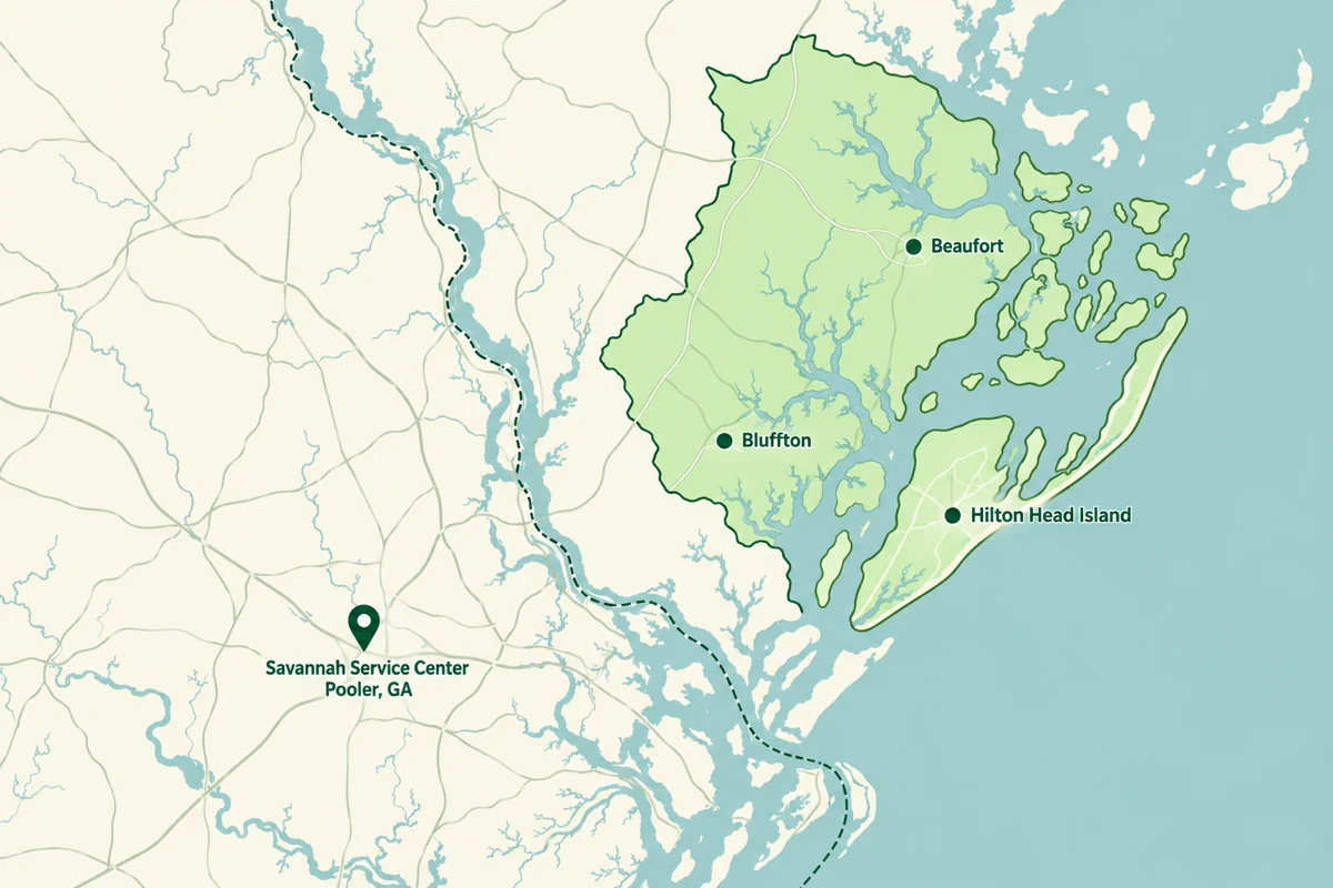 Map of the Savannah Service Center in Pooler, GA serving Hilton Head Island, Bluffton and Beaufort in Beaufort County, SC